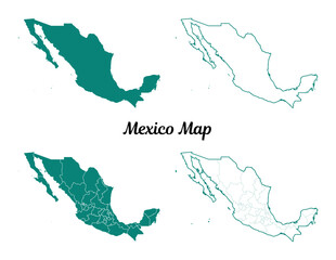 Detailed Teal Mexico Map on White Background, Geography Illustration