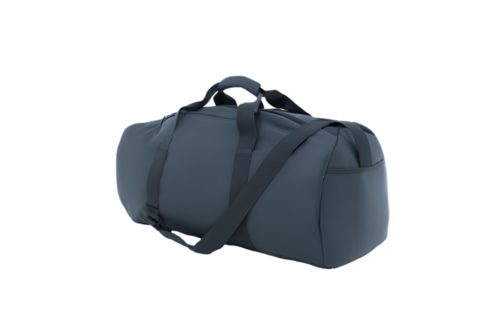 Dark blue duffel bag with adjustable shoulder strap on transparent background