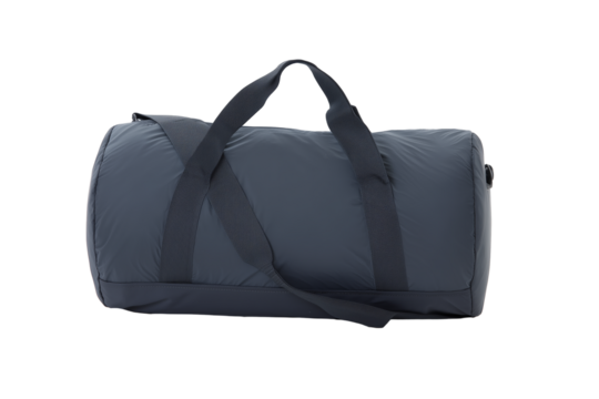 Sleek dark gray duffel bag with top handle and textured base on transparent background