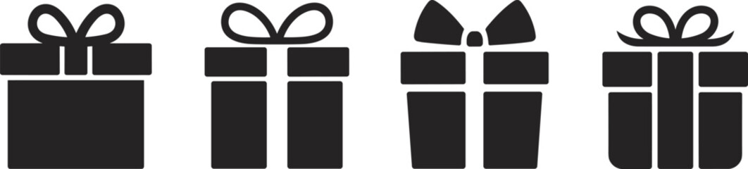 Gift box silhouettes, ribbon designs, black icons, celebration symbols, holiday packaging, present shapes, festive graphic, bow styles, white background