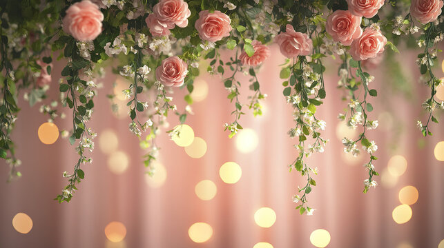 Pastel pink wedding backdrop with hanging rose flowers and green leaves, soft bokeh lights create romantic and elegant atmosphere for celebration or event decoration