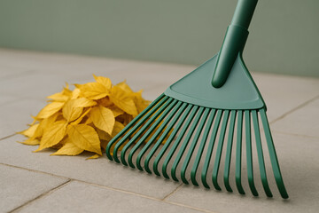 Green plastic rake cleaning yellow autumn leaves on outdoor patio, seasonal garden maintenance equipment tool in use