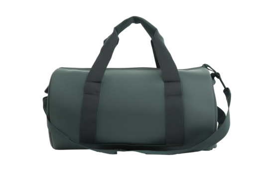 Dark green duffel bag with black handles and adjustable shoulder strap on transparent background