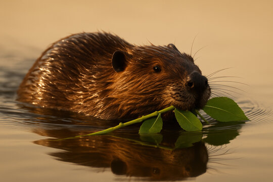 North american beaver swimming in calm water at sunset, carrying leafy branch in mouth, natural wildlife habitat - Powered by Adobe