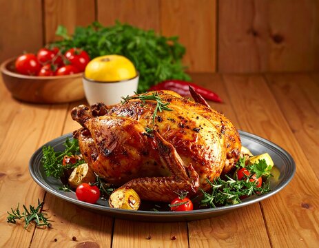 A roasted chicken with vegetables on a plate, wood backdrop