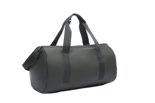 Dark green duffel bag with black handles and shoulder strap isolated on transparent background