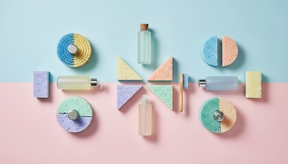 Top-down view of multicolored cleaning brushes, sponges, and bottles arranged in geometric order, symbol of hygiene, organization, and modern lifestyle.