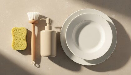 Top-down view of dishwashing tools including sponge, dish brush, and soap dispenser, symbol of cleanliness, hygiene, and organized kitchen care.