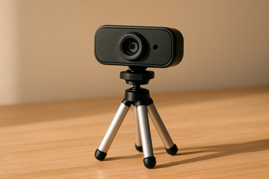 Modern compact webcam on mini tripod for online meetings, remote work, and video calls on wooden desk in natural lighting - Powered by Adobe