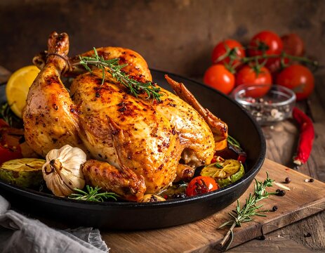 A roasted whole bird with garnishes on a rustic wood table