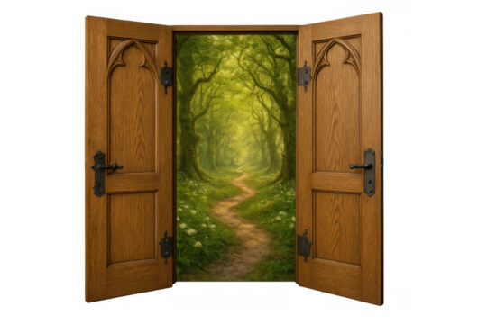Open wooden doors revealing winding path into enchanting forest, symbolizing new opportunities and magical realism