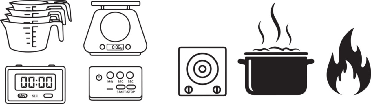 Kitchen Cooking Appliances Measuring Tools Timers Icons Set Black White