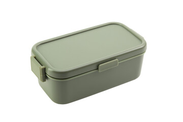 Rectangular olive-green plastic food storage container with transparent background