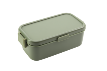 Rectangular olive-green plastic food storage container with transparent background