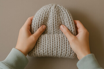 Hands holding cozy knitted woolen beanie on neutral background, showcasing warm winter fashion and handmade accessories