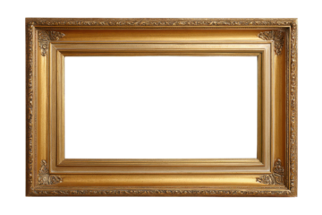 Ornate gold picture frame with decorative carvings on black background antique, Png, Isolated on Transparent Background, Cut Out
