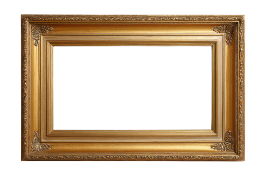 Ornate gold picture frame with decorative carvings on black background antique, Png, Isolated on Transparent Background, Cut Out