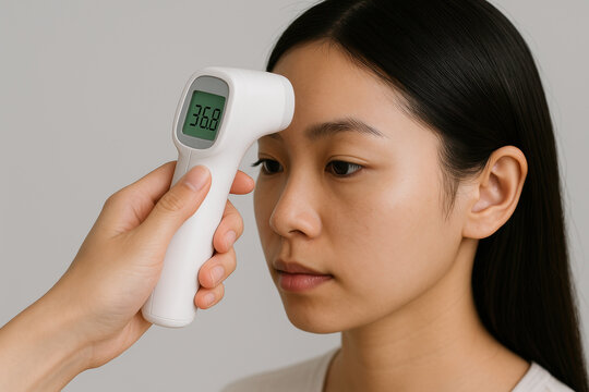 Young woman having her body temperature checked with digital forehead thermometer for health monitoring and fever screening