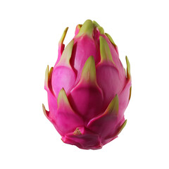 Close-up of a single dragon fruit with magenta skin and green leaf-like protrusions on transparent background