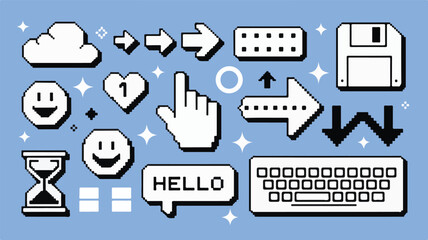 Pixel art icons cloud floppy disk keyboard smiley faces arrows vector