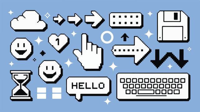 Pixel art icons cloud floppy disk keyboard smiley faces arrows vector