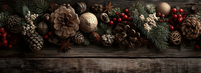 Fototapeta premium christmas wooden natural decoration ornament wide horizontal banner with copyspace