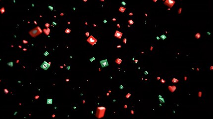 Social Media Icons Floating in Space, Hearts and Squares in Red and Green against a Black Backdrop, Celebrating Social Media Engagement with Floating Icons - Powered by Adobe
