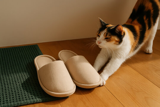 Calico cat stretching near cozy beige slippers on wooden floor in warm morning sunlight next to textured rug indoors