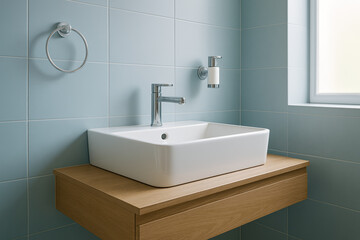Fototapeta premium Modern minimalist bathroom interior with square ceramic sink, chrome faucet, wooden vanity, blue tile walls, natural light