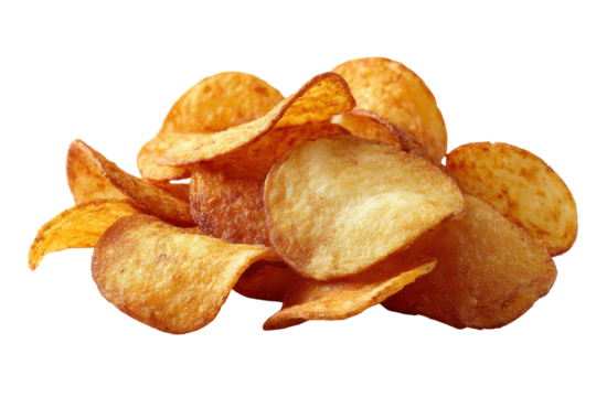 Pile of golden potato chips with crispy edges on black background snack food, Png, Isolated on Transparent Background, Cut Out