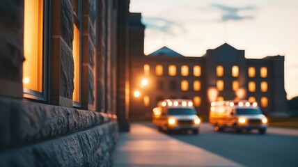 Fototapeta premium Historic hospital building at dusk with emergency vehicles parked outside, illuminated windows show warm glow of evening light