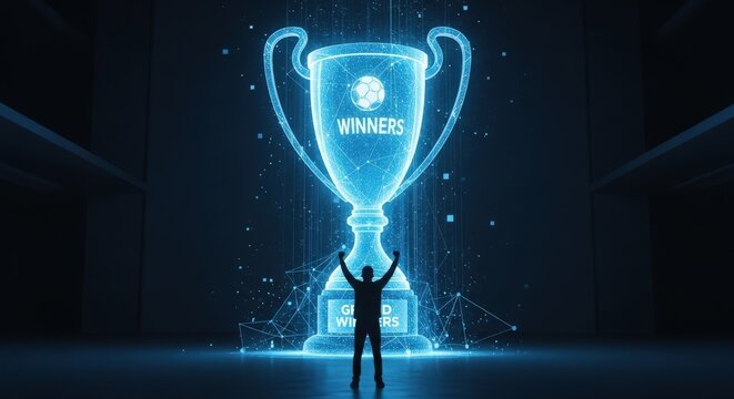 Gamer celebrates victory with glowing futuristic trophy in dark digital arena