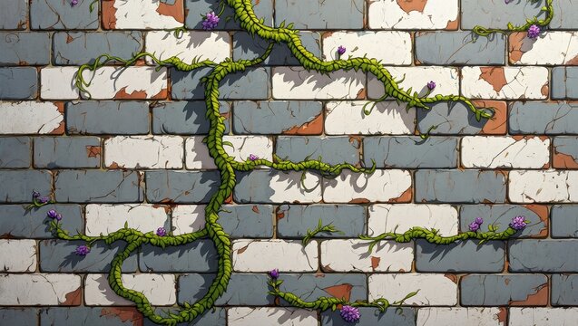 Aged Brick Wall Overgrown with Lush Green Vines and Purple Flowers