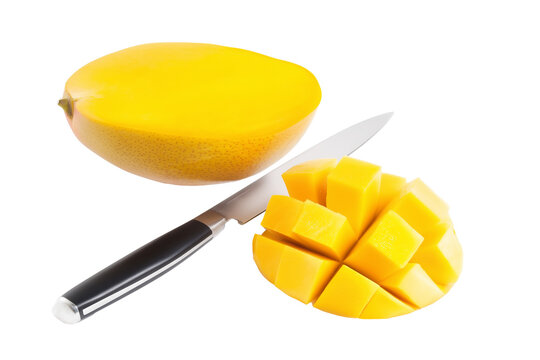 Ripe mango half and sliced half with knife on transparent background - Powered by Adobe