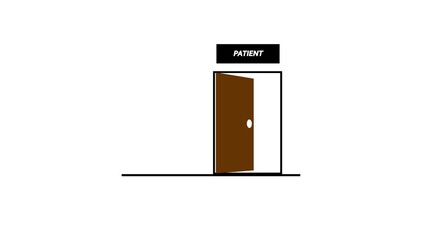 Simple wall with wooden door opening to white screen."Patient" text or word displayed above a steel door on a white wall. A reference to individuals receiving medical care or treatment.