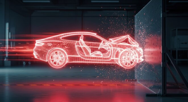 Futuristic red neon wireframe sports car hologram emerging from digital screen