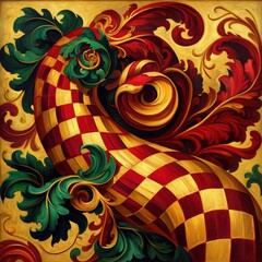 Fototapeta premium Ornate Gold Red Green Checkerboard Abstract Pattern