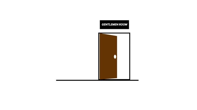 Simple wall with wooden door opening to white screen."Gentlemen Room" text or word displayed above a steel door on a white wall. Indicates a designated restroom or private space for men.
