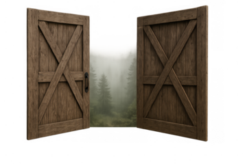 Wooden barn doors opening to a mysterious foggy forest, revealing a new entrance, a portal to opportunity on transparent background