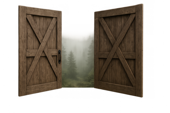 Wooden barn doors opening to a mysterious foggy forest, revealing a new entrance, a portal to opportunity on transparent background