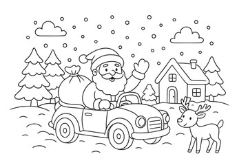 Cute Christmas coloring page featuring Santa driving a convertible car with gift bags, reindeer, snowy house, and pine trees. Simple outline vector illustration for kids.