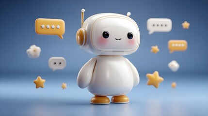 Virtual AI assistant chatbot with smiling face on screen, surrounded by feedback icons and rating stars, cartoon plastic 3D style, isolated on light background jpg