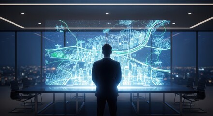 Man silhouetted against futuristic holographic city map display in modern office