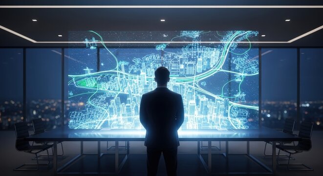Man silhouetted against futuristic holographic city map display in modern office