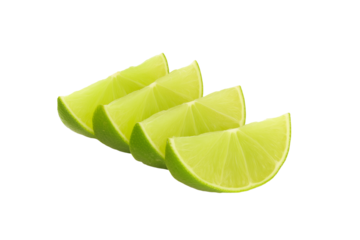 Four lime wedges arranged in a diagonal line on transparent background