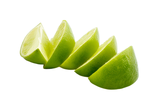 Diagonal arrangement of thick lime slices on transparent background