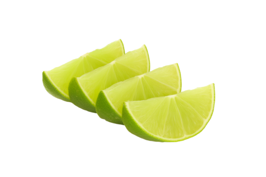 Four lime wedges arranged in a diagonal line on transparent background