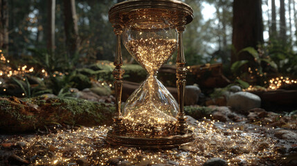 A giant hourglass floats above a forest, releasing cascading light particles like glowing rain, symbolizing time, renewal, and the gentle merge of nature with cosmic energy.
