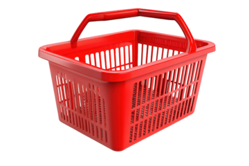 A red plastic shopping basket isolated on transparent background, commonly used in supermarkets and stores for carrying groceries and other purchased items