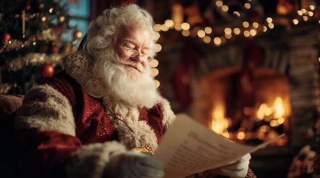 Santa claus reading a letter in front of a fireplace with a christmas tree in the background